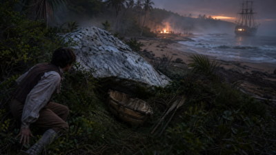 Boy crouches behind a large rock on a dim beach at dusk, with a burning camp and a tall ship in the distance.