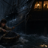 Young man in a small boat struggles with a rope to moor a large, lit ship at night, with moonlight and waves nearby.