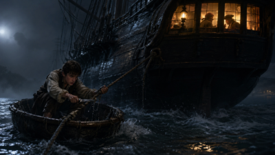 Young man in a small boat struggles with a rope to moor a large, lit ship at night, with moonlight and waves nearby.