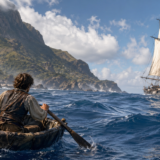 Man rowing a small dinghy through choppy sea toward a large sailing ship near a rocky coastline.