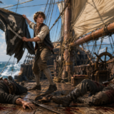 Young pirate stands on a wooden ship deck, holding a tattered skull-and-crossbones flag as two wounded or dead crewmen lie nearby, rough sea in background.