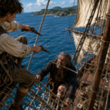 Two sailors duel on a ship's rigging above the blue sea, swords clashing as sails billow.
