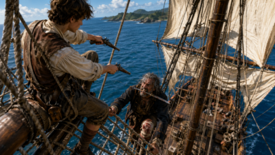 Two sailors duel on a ship's rigging above the blue sea, swords clashing as sails billow.