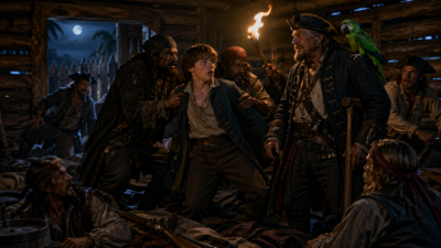 Young boy surrounded by rough pirates in a dim log cabin lit by a torch, a parrot perched on a pirate's shoulder nearby.