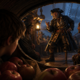 Pirate captain with a hat and sword addressing a crew aboard a ship, lantern lighting, apples piled in a barrel in the foreground.