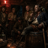 A rowdy group of men gathered in a dim tavern-like room around a man in a blue coat seated on a barrel, drinking. All look on as the fire burns nearby.