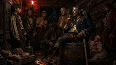 A rowdy group of men gathered in a dim tavern-like room around a man in a blue coat seated on a barrel, drinking. All look on as the fire burns nearby.