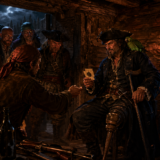 Pirates in a dim wooden tavern; a captain shows a playing card to a fellow pirate while others watch, lit by torches.