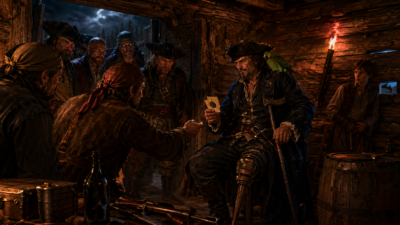 Pirates in a dim wooden tavern; a captain shows a playing card to a fellow pirate while others watch, lit by torches.