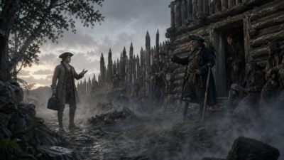 Man in a tricorn hat and coat faces a crowd of soldiers by a wooden palisade in a smoky, desolate frontier scene.