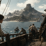 Pirates on a wooden ship's deck gaze toward a distant rugged island with towering rock formations above a calm sea.