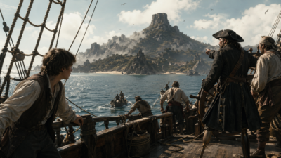 Pirates on a wooden ship's deck gaze toward a distant rugged island with towering rock formations above a calm sea.