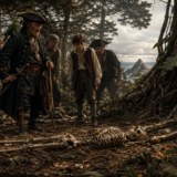 Group of men in period clothing gathers around a large bone skeleton on a forest floor.