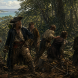 A band of rugged pirates in a dense jungle, some rescuing or preparing for a fight, with a rocky coast and distant ship visible beyond the trees.