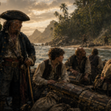 Pirates on a weathered raft ashore at sunset, with a large ship anchored offshore and palm trees in the background.