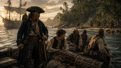 Pirates on a weathered raft ashore at sunset, with a large ship anchored offshore and palm trees in the background.