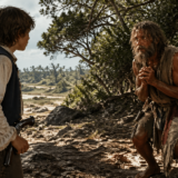 Young man in a dark vest points a pistol at a bearded, ragged man who crouches by a tree on a sunny tropical beach.