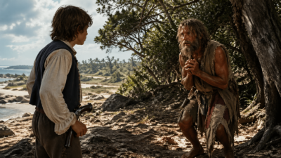 Young man in a dark vest points a pistol at a bearded, ragged man who crouches by a tree on a sunny tropical beach.