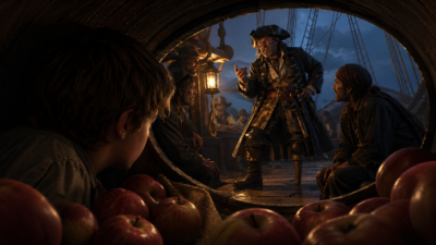 Pirate captain with a hat and sword addressing a crew aboard a ship, lantern lighting, apples piled in a barrel in the foreground.