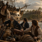 A crew of pirates aboard a worn wooden ship at sunset, sorting treasure and barrels near a tropical shore.