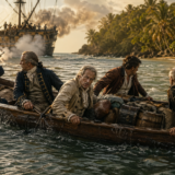 Pirates in a rowboat push a treasure chest toward a large sailing ship off a palm-fringed tropical island.