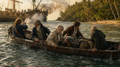 Pirates in a rowboat push a treasure chest toward a large sailing ship off a palm-fringed tropical island.