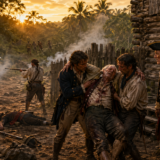 Colonial-era battle at sunset with soldiers firing muskets around a burning palisade as a wounded man is carried away.