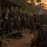 Pirate-era camp scene with a man addressing a group around a central campfire inside a wooden palisade at sunset, a sailing ship in the background.