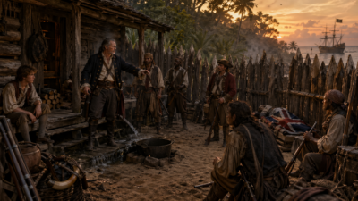 Pirate-era camp scene with a man addressing a group around a central campfire inside a wooden palisade at sunset, a sailing ship in the background.