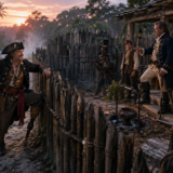 Pirate captain steps over a muddy fence as armed crew members guard a wooden fort at sunset.