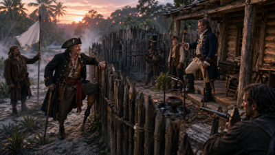 Pirate captain steps over a muddy fence as armed crew members guard a wooden fort at sunset.