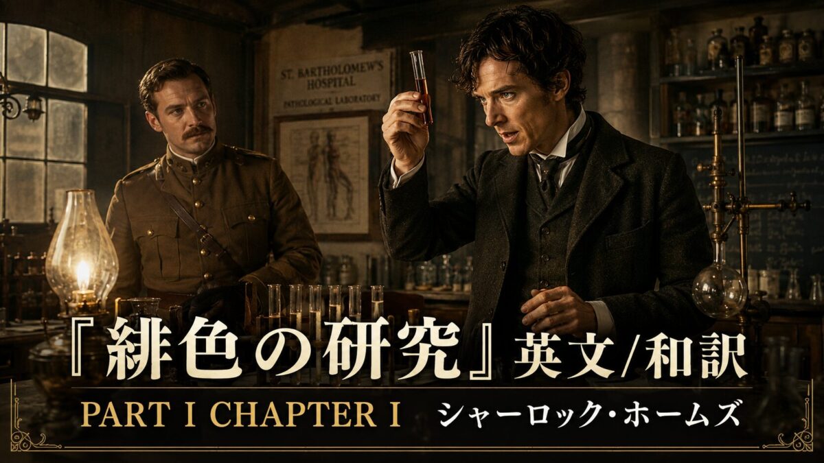 Two men in a vintage lab; one holds a test tube, the other watches; English/Japanese poster text overlay.