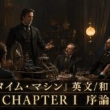 Man in a dark suit stands and gestures toward an antique machine as four seated men in period attire listen in a candlelit, wooden study; a 'CHAPTER 1' caption overlays the bottom with Japanese text.