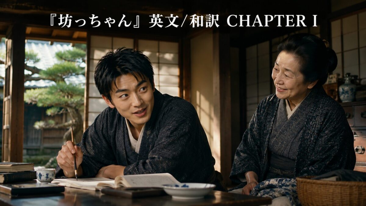 Young man writes with a brush at a wooden table while an elderly woman smiles beside him in a traditional Japanese room; top text reads '坊っちゃん 英文/和訳 CHAPTER I'.