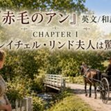 Woman in a vintage dress stands by a cottage garden, watching a horse-drawn carriage cross a small bridge on a sunny country road (Japanese title overlaid).