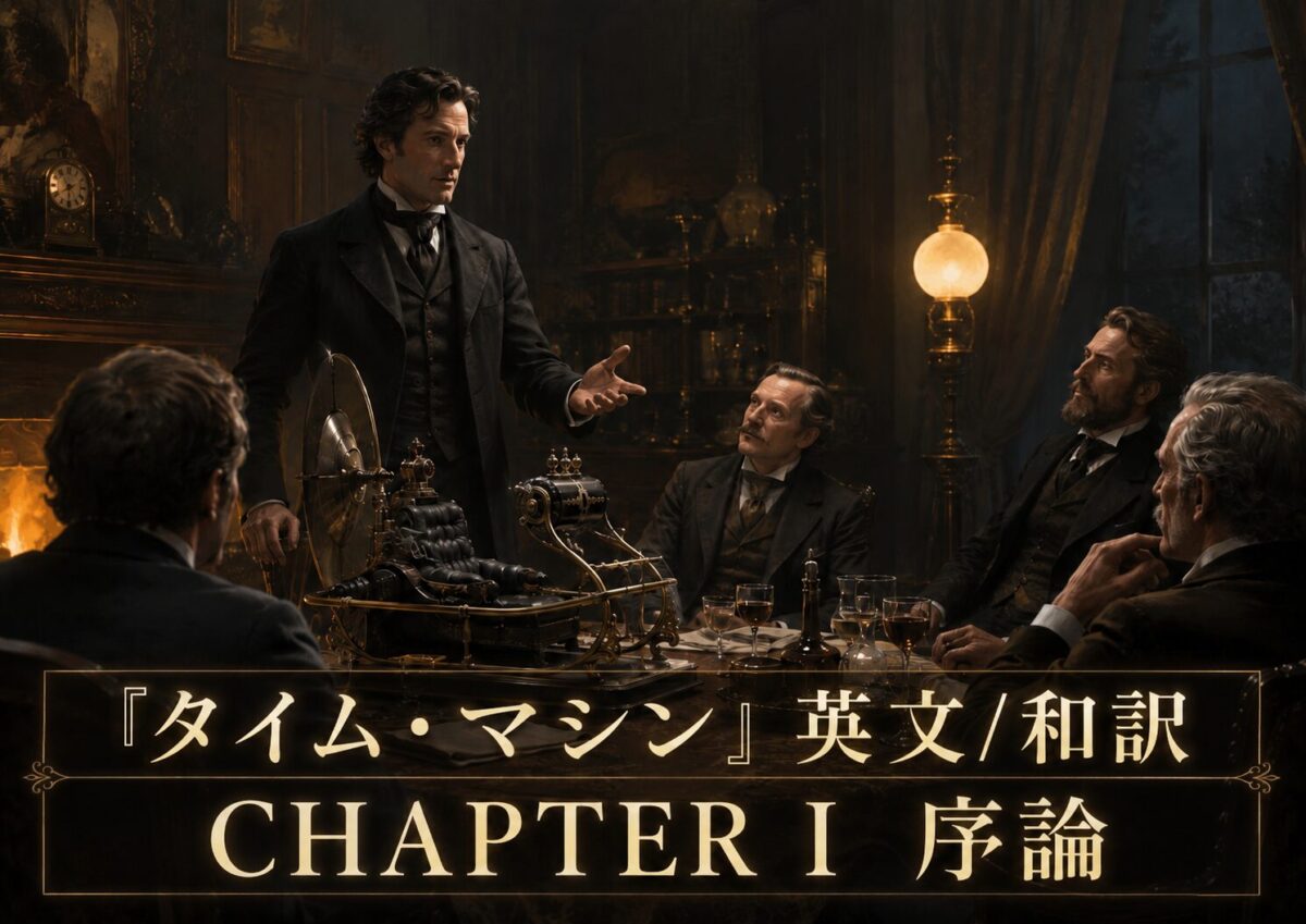 Man in a dark suit stands and gestures toward an antique machine as four seated men in period attire listen in a candlelit, wooden study; a 'CHAPTER 1' caption overlays the bottom with Japanese text.