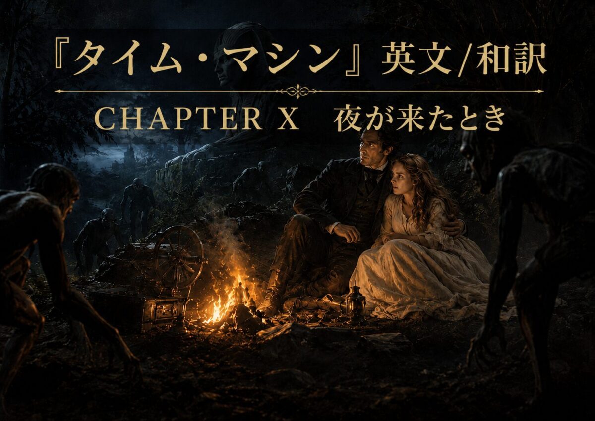 Couple in period clothing huddle by a campfire at night while shadowy zombies surround them; gold title text overhead.