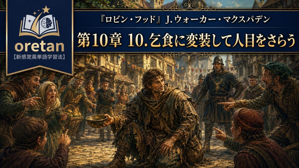 Promotional banner for 'oretan' language learning with a book logo; a kneeling man offers a bowl to a crowd in a medieval market.