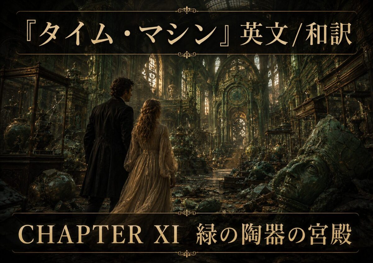 Couple in vintage clothing stand in a ruined, ornate hall filled with shattered statues and glass; Chapter XI: Green Pottery Palace.