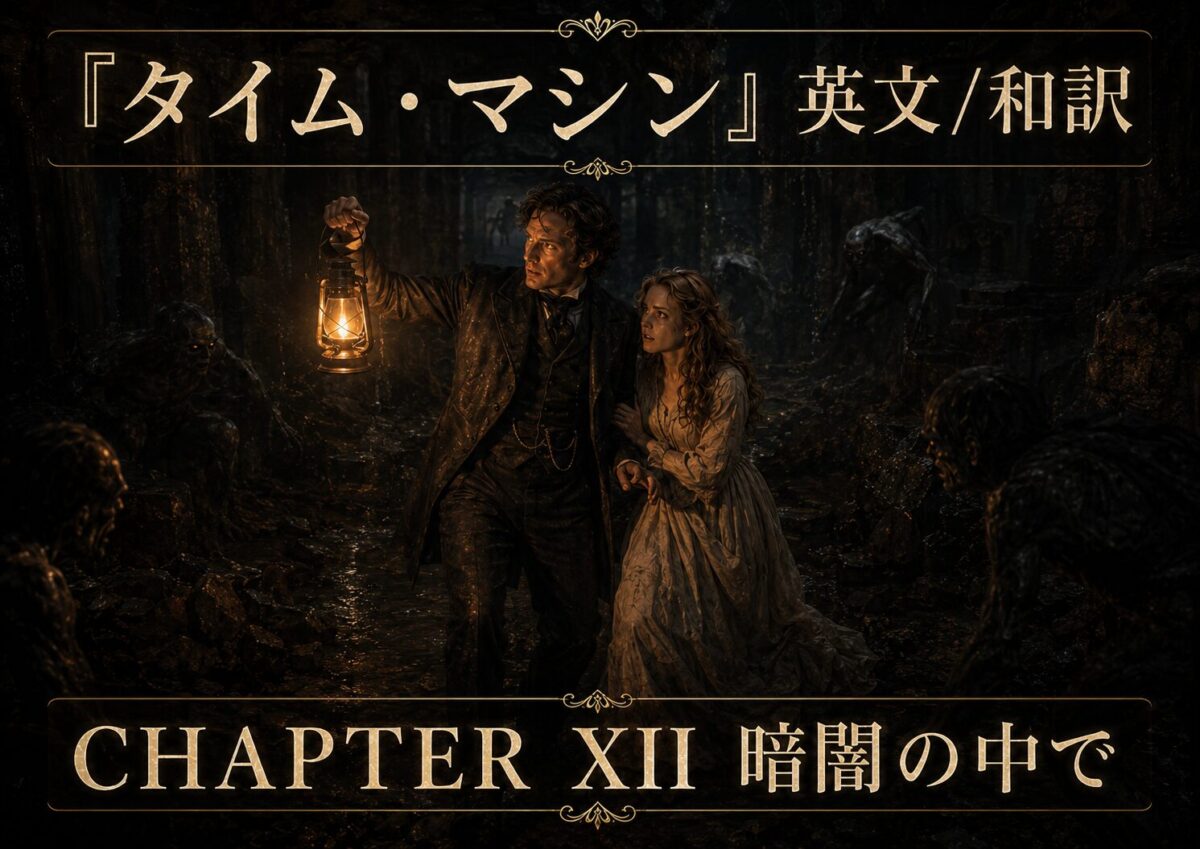 Man holding a lit lantern leads a frightened woman through a dark cavern, surrounded by shadowy monsters; ornate borders frame 'CHAPTER XII' banner (暗闇の中で).