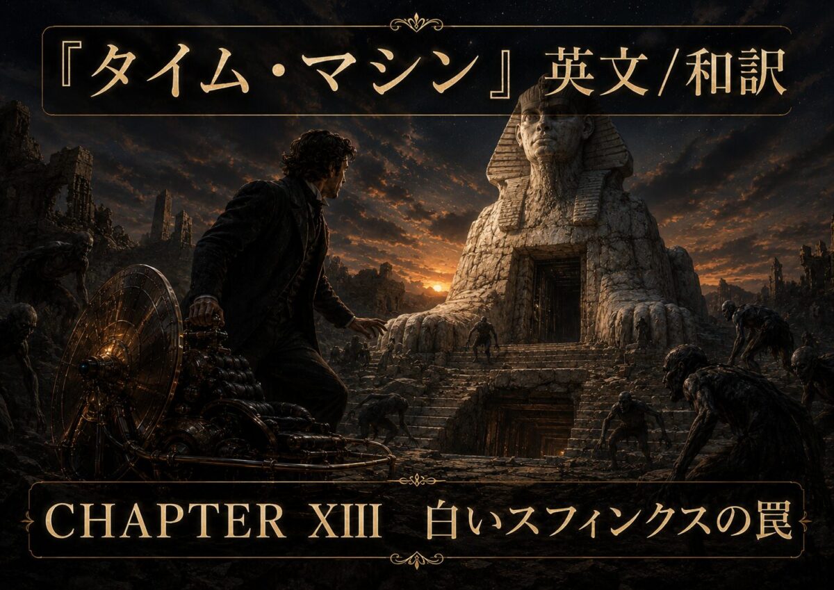 Dark fantasy cover: a man with a time machine confronts undead before a colossal Sphinx at sunset; Chapter XIII: White Sphinx's Betrayal