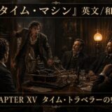 Dim Victorian study where a man reveals a brass steampunk time machine to four seated gentlemen; Chapter XV banner in Japanese.