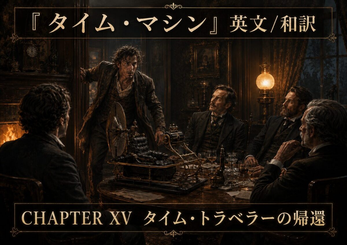 Dim Victorian study where a man reveals a brass steampunk time machine to four seated gentlemen; Chapter XV banner in Japanese.