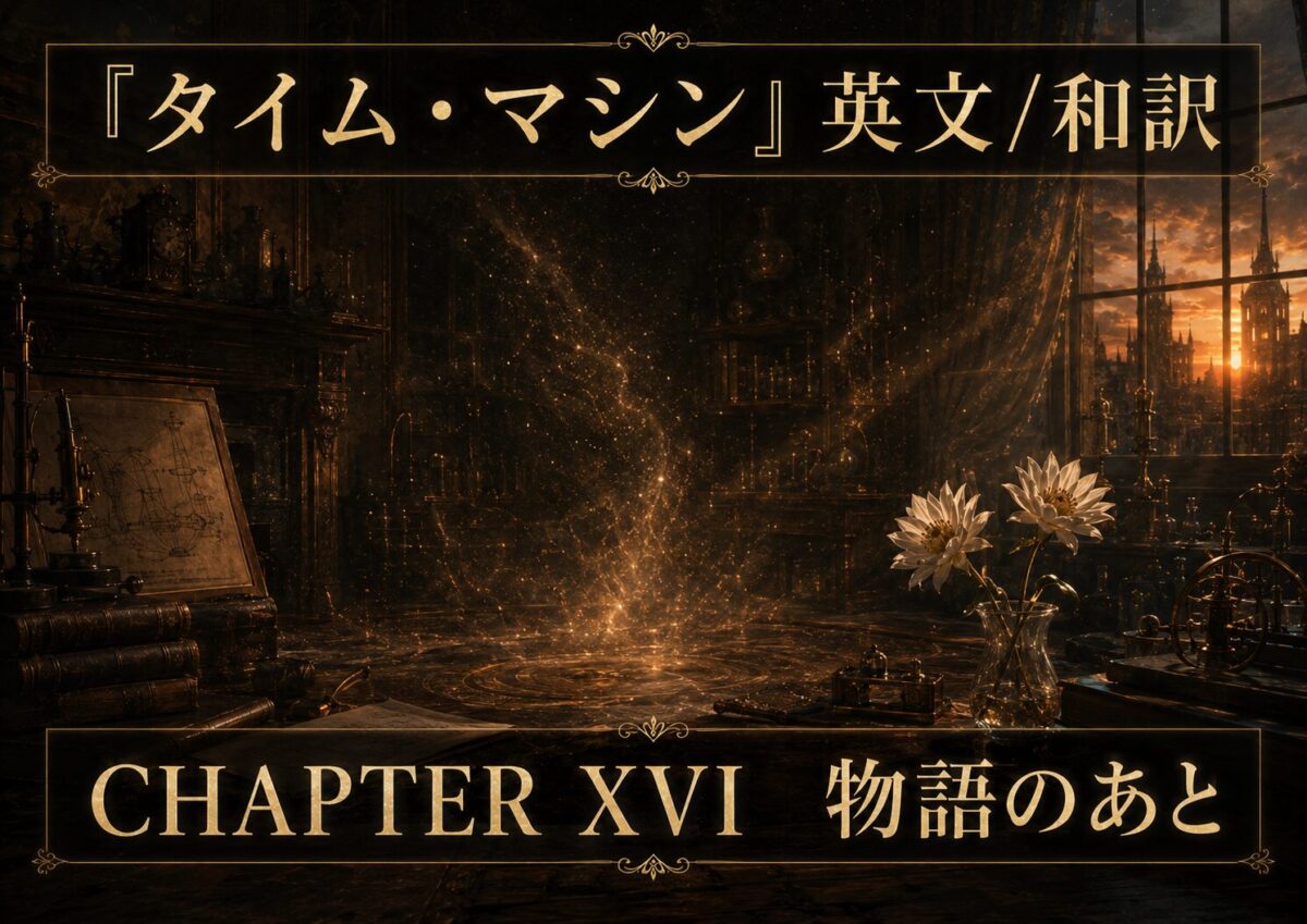 Chapter XVI title card for a dark, ornate study: Japanese subtitle, glowing particles in the center, and a vase of flowers on the right.