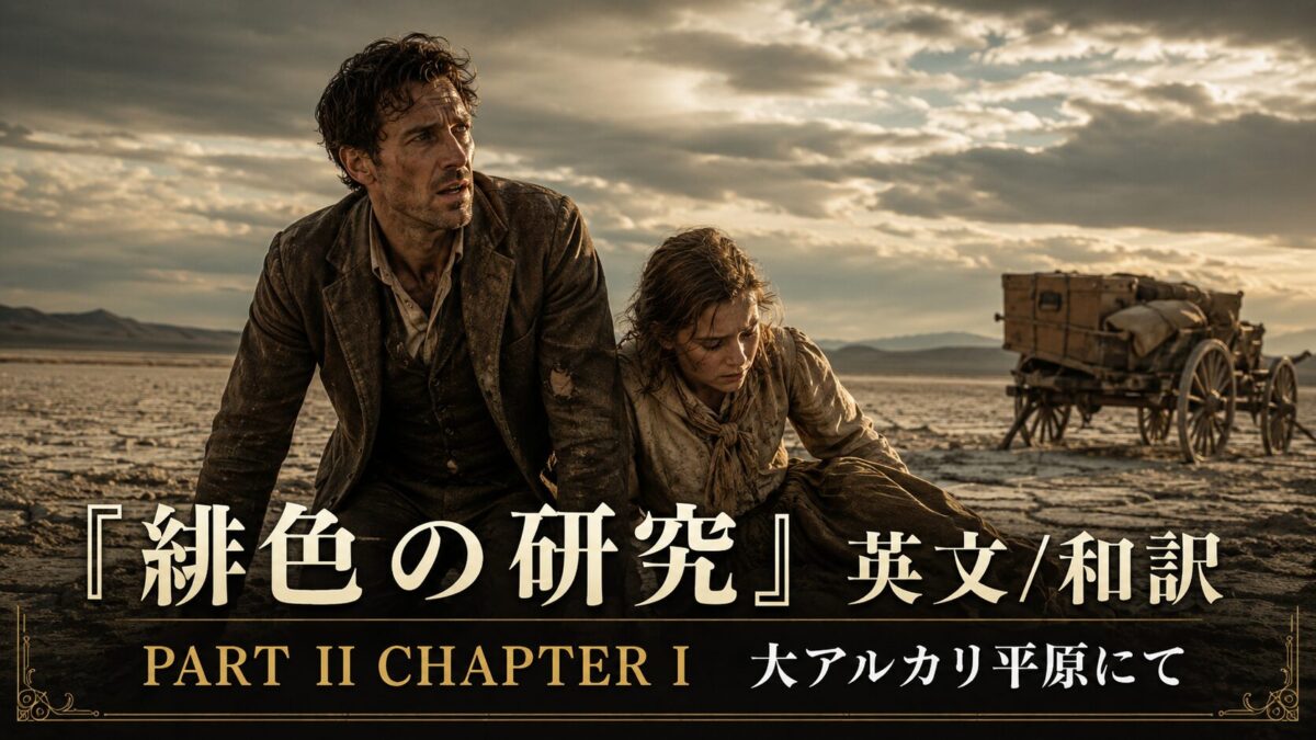 Two exhausted travelers sit on cracked desert ground beside a dusty wagon; a cinematic poster with Japanese and English title text overlaid in gold.