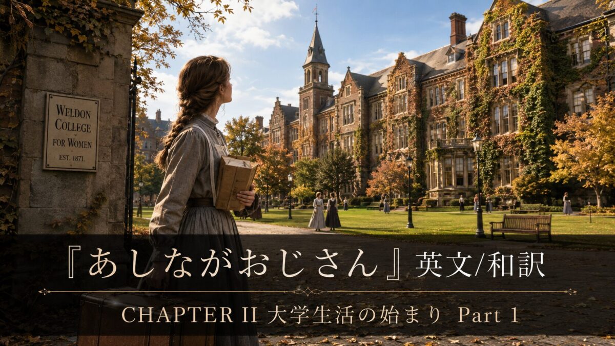 Woman in a vintage gray dress with braids carrying books stands on a college campus, a stone building and fall foliage in the background; a sign reads 'Weldon College for Women' and a dark banner overlays the image with Japanese title text and 'CHAPTER II 大学生生活の始まり Part 1'.