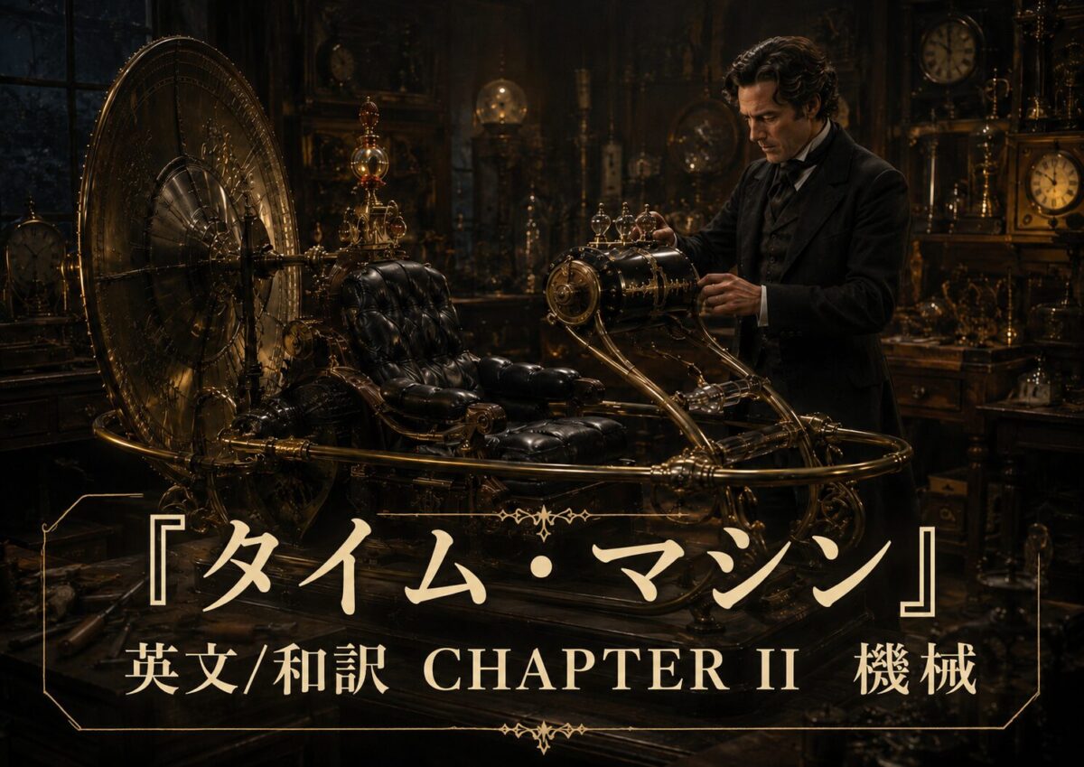 Man in a dark suit adjusts a brass, glass-front steampunk time machine in a dim, clock-filled workshop; Japanese and English title text overlays the scene.