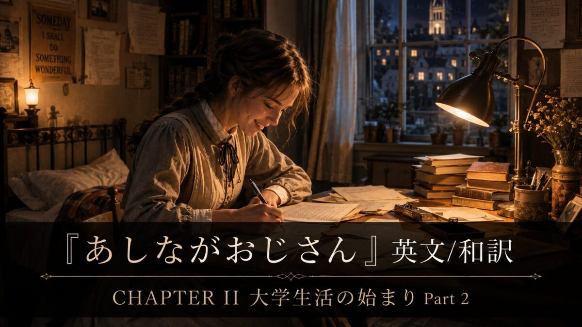 Young woman sits at a warmly lit desk, writing in a notebook among books, with a night city view through the window and Japanese text across the bottom banner.