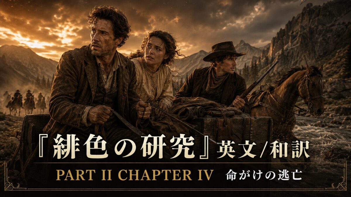 Movie poster of three cowboys on a wagon by a river at sunset, with a dramatic sky and mountains in the background, plus Japanese title and 'PART II CHAPTER IV'.