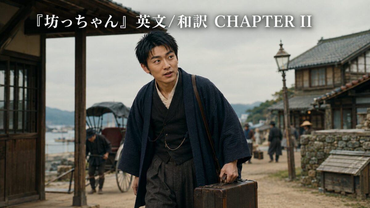 Young man in traditional Japanese clothing carrying a vintage suitcase walks along a historic seaside village street with a 'Chapter II' text overlay.